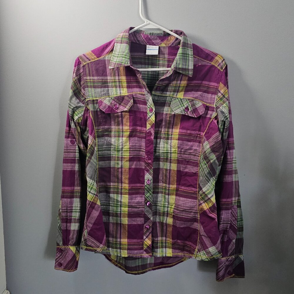 Columbia Purple and Green Plaid Button Up Hiking Shirt